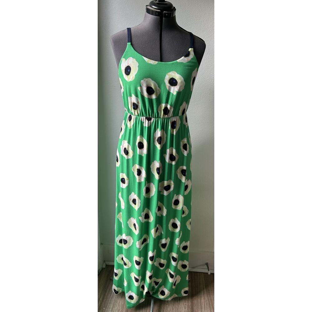Cynthia Rowley Green Black Poppy Floral Maxi Spaghett Strap Dress Size Medium